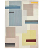 Modern Bauhaus geometric rug with multicolor stripes and blocks in blue, yellow, red, and brown