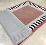 Modern color block area rug with rust center, gray border, and black white striped edges on marble floor
