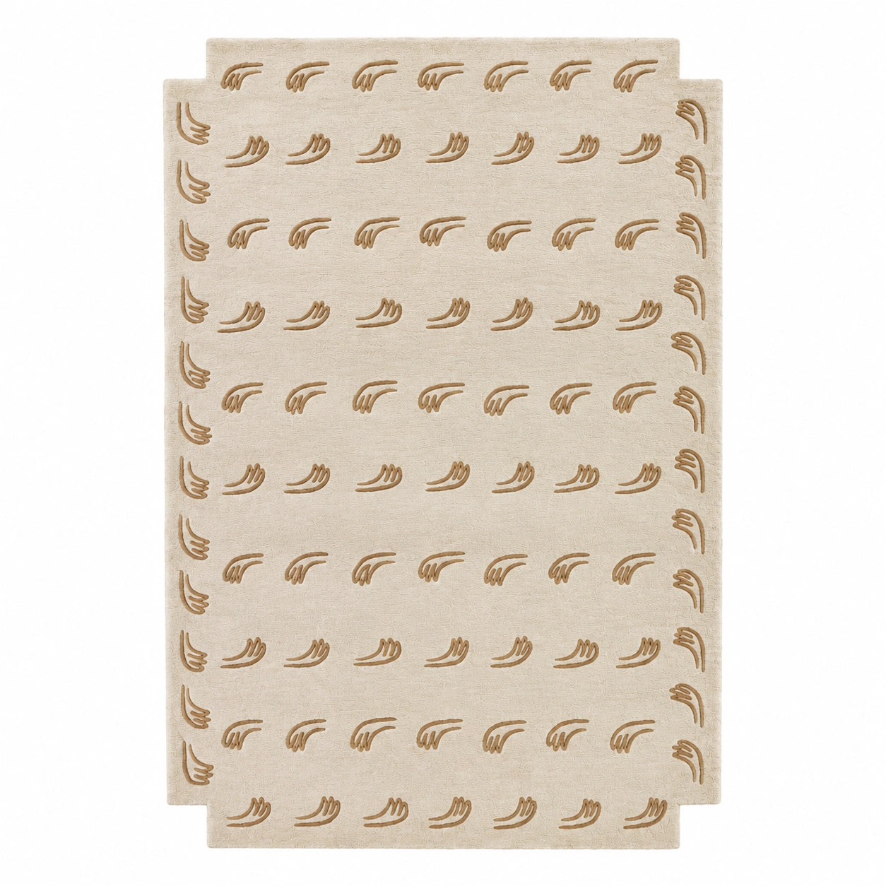 A rectangular area rug in a light beige or cream tone with a repeating pattern of small brown leaf or vine motifs, shown flat against a plain white background.