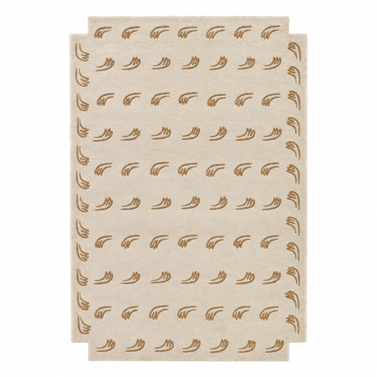 A rectangular area rug in a light beige or cream tone with a repeating pattern of small brown leaf or vine motifs, shown flat against a plain white background.
