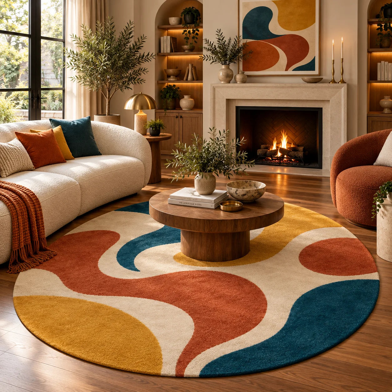 A round area rug with a mid-century modern abstract wave pattern in mustard yellow, teal blue, terracotta orange, and cream, styled in a warm, modern living room with a fireplace, sofa, and wooden coffee table.