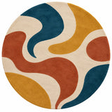 A round area rug with a retro abstract pattern of flowing wavy shapes in cream, mustard yellow, teal blue, terracotta orange, and rust red on a white background.