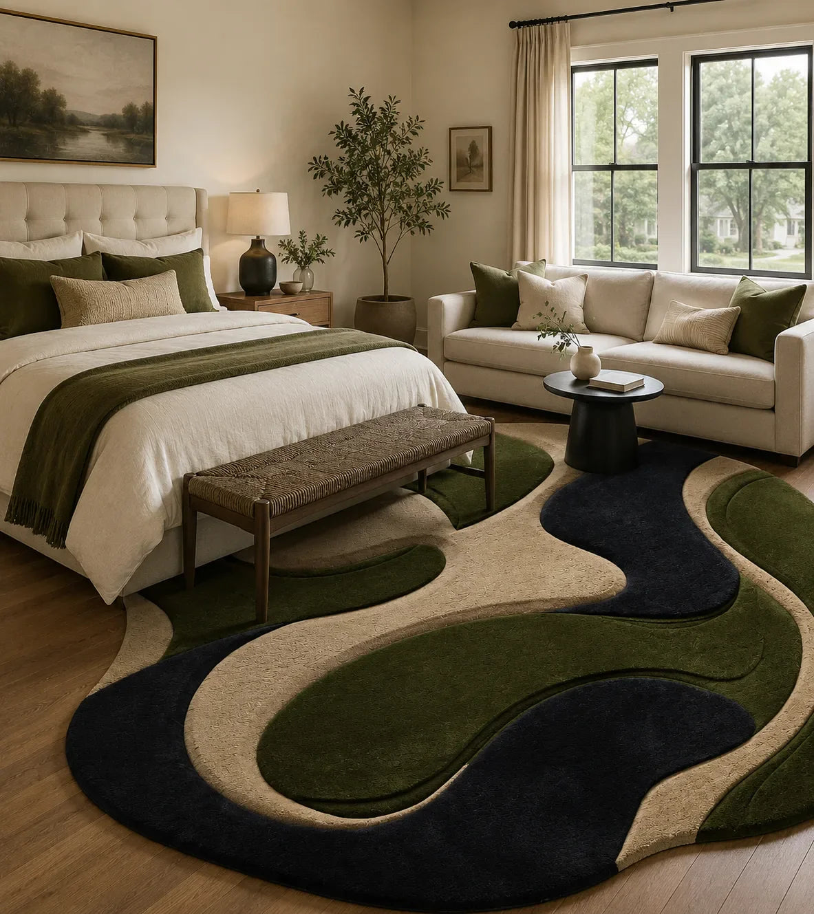 Modern bedroom with a large abstract area rug, bed, and sofa.