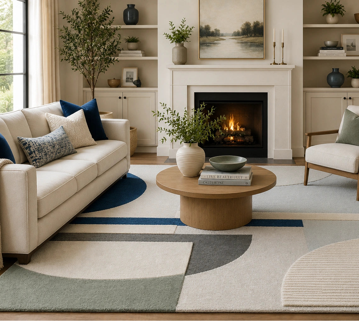 Modern living room with a beige sofa, coffee table, and decorative items.