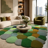 Modern living room with a colorful geometric rug, white sofa, and cityscape view.