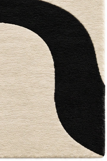 A square area rug with an abstract wavy pattern in black and warm off-white.