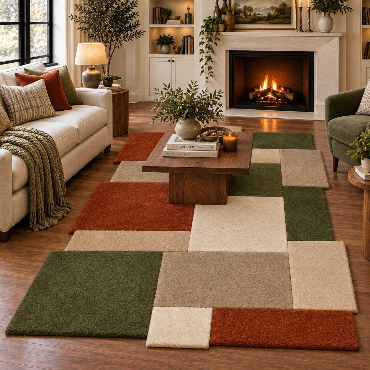 A multicolor patchwork area rug with green, beige, and rust-orange squares, styled in a cozy living room with a fireplace, sofa, and coffee table.