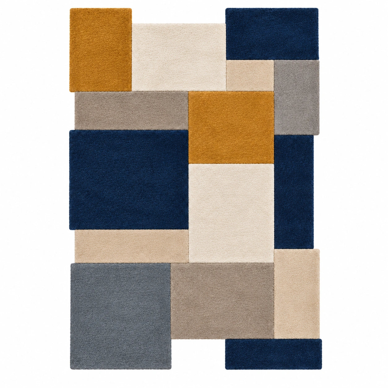 A modern geometric area rug with a block pattern in navy blue, mustard yellow, cream, taupe, and slate gray, shown flat against a white background.
