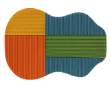 Modern guitar area rug featuring blue, green, orange, and mustard panels.