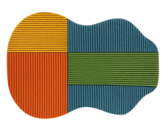 Modern guitar area rug featuring blue, green, orange, and mustard panels.