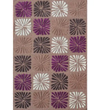 Multicolor floral block wool rug with purple, white, dark brown, and beige raised patterns