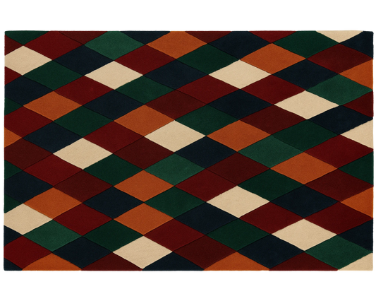 Vibrant geometric wool rug with multicolor diamond layout.
