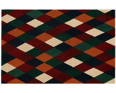 Vibrant geometric wool rug with multicolor diamond layout.