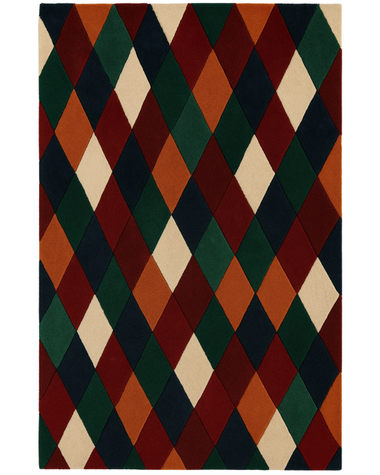 Multicolor diamond rug – hand-tufted wool harlequin pattern.