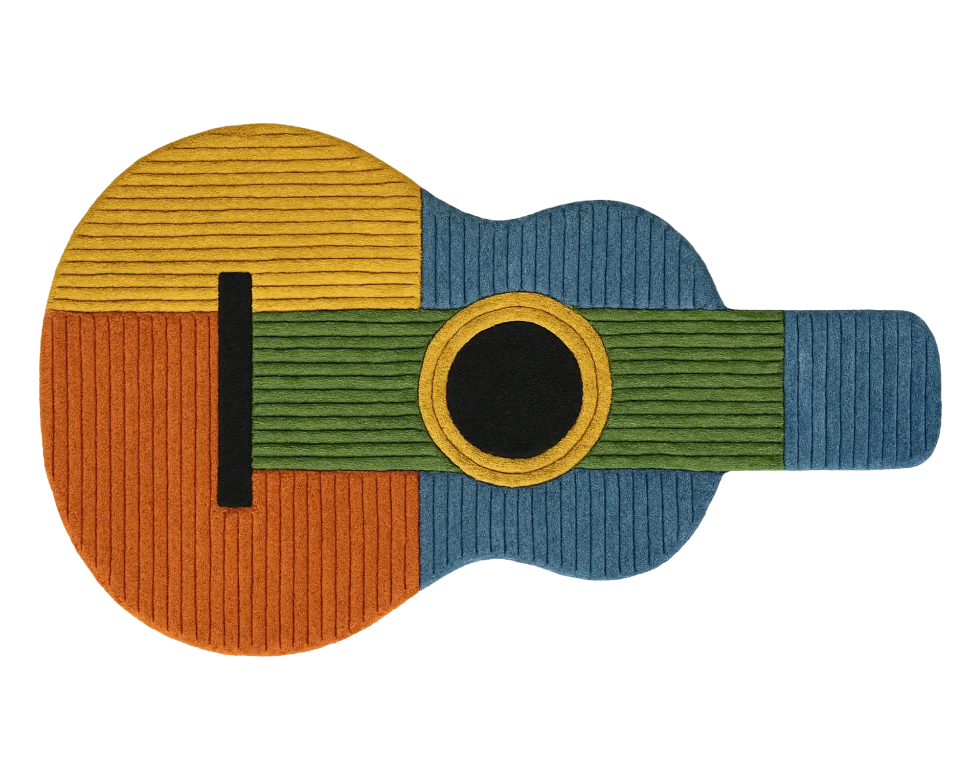 Modern guitar area rug featuring yellow, green, blue, and orange color blocks.