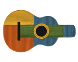Modern guitar area rug featuring yellow, green, blue, and orange color blocks.
