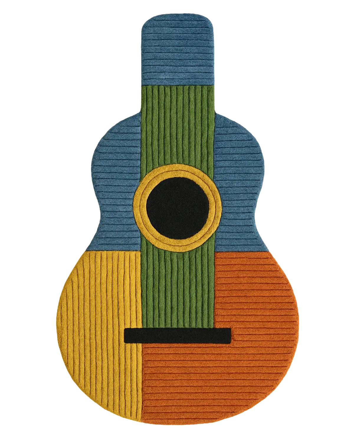 Hand-tufted wool guitar-shaped rug in multicolor geometric design.