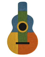 Hand-tufted wool guitar-shaped rug in multicolor geometric design.