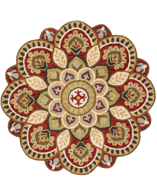 Multicolor round hand-tufted wool medallion rug.