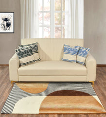 Hand-tufted wool rug with striped semi-circle patterns in mid-century style