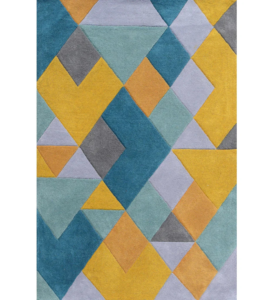 Colorful geometric wool rug with mustard yellow, teal, grey, and lavender tones in an abstract prism pattern.