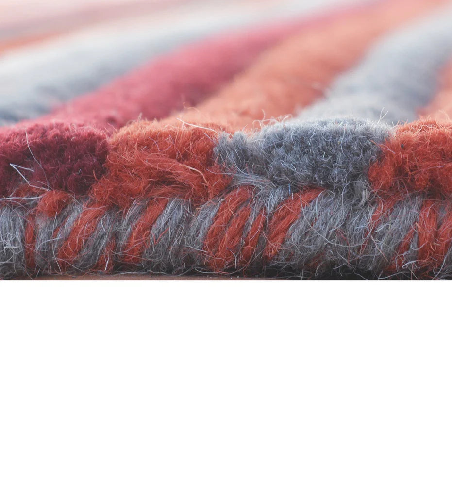 Contemporary striped wool rug with maroon, black, and orange accents
