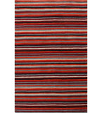 Red, orange, and grey striped hand-tufted wool rug