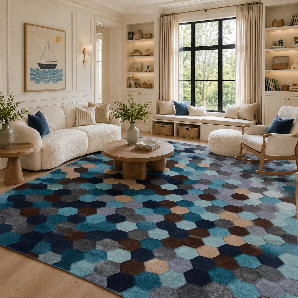 Multicolor geometric hexagon wool rug