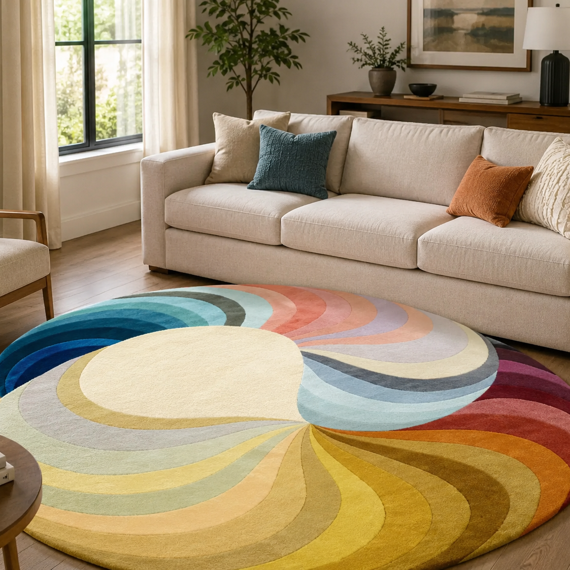 Living room with a colorful circular rug, beige sofa, and armchair.