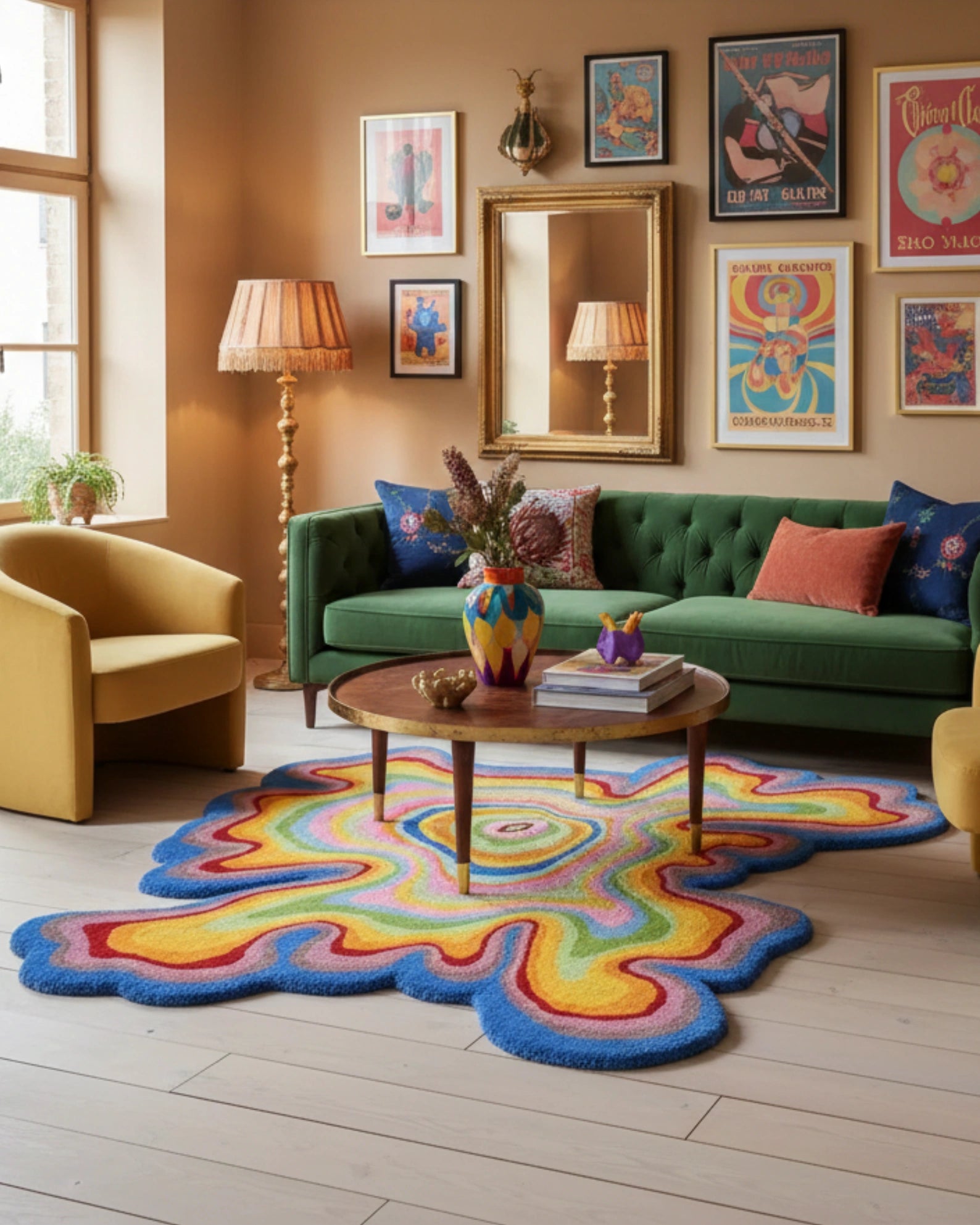Living room with multicolor modern irregular area rug, green sofa, yellow chair, and framed art
