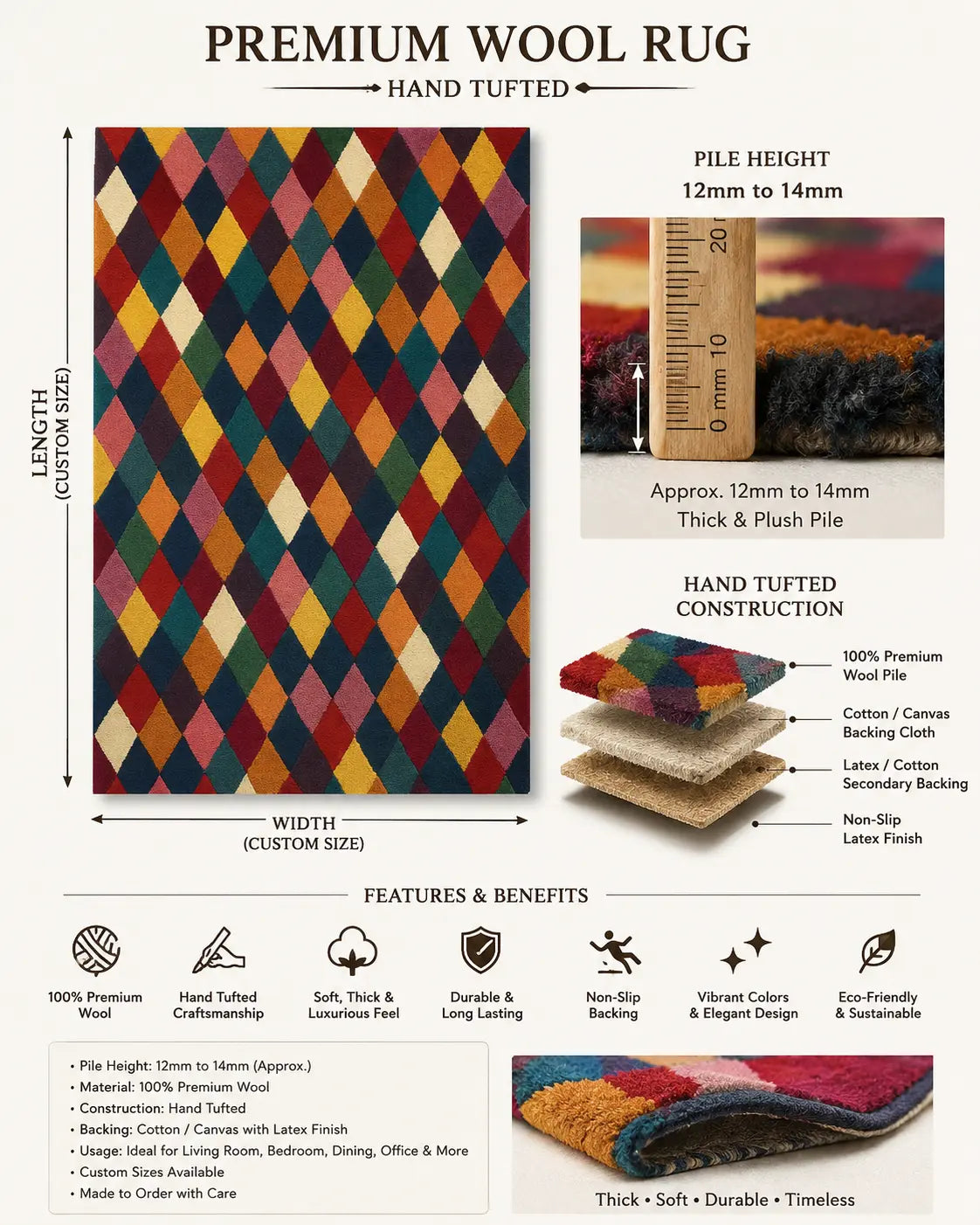 Multicolored diamond pattern rug with specifications and features on a white background