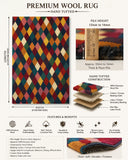 Multicolored diamond pattern rug with specifications and features on a white background
