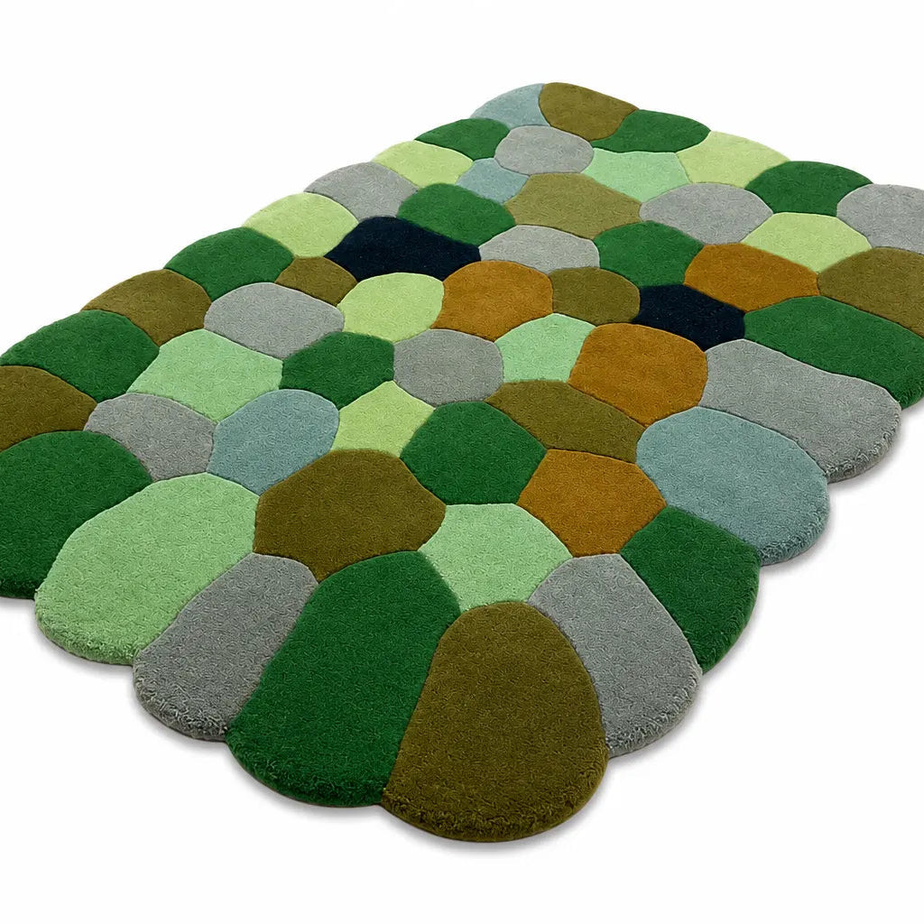 Multicolored patchwork rug on a white background