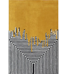 Mustard yellow and black hand-tufted wool area rug with geometric drip art design.