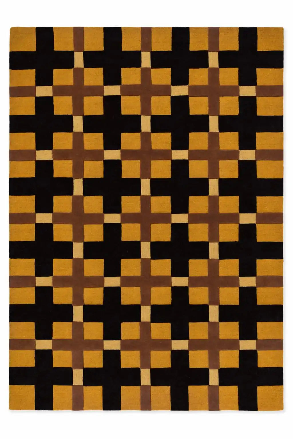 Rug with a geometric pattern of black, brown, and orange squares.