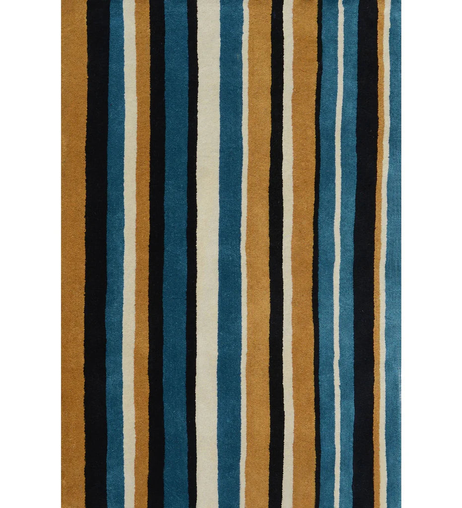 Mustard, teal blue, and black hand-tufted wool rug with modern vertical stripes.