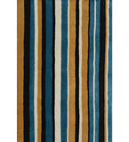 Mustard, teal blue, and black hand-tufted wool rug with modern vertical stripes.
