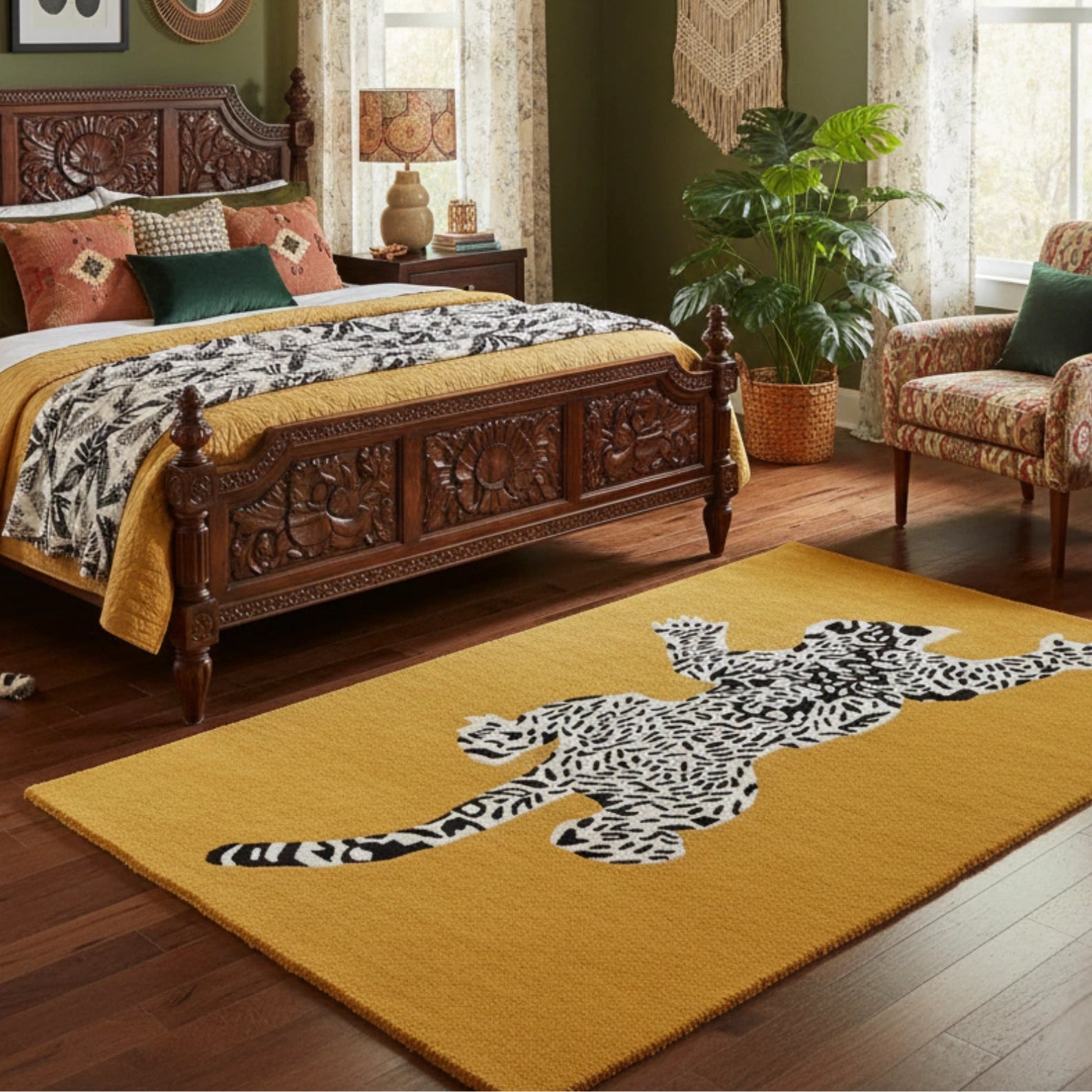 Mustard yellow area rug with black and white leopard print in stylish bedroom with carved wooden bed and green walls