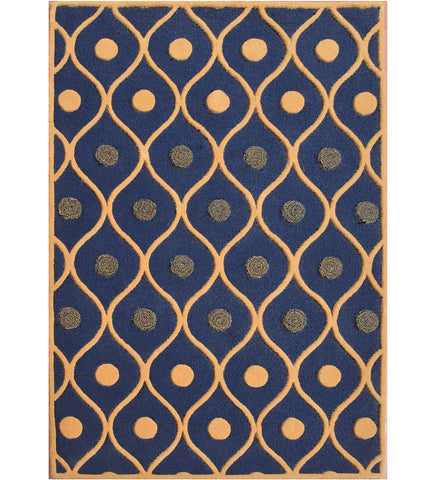 Geometric navy blue hand-tufted wool rug with dot and wave design