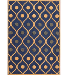 Geometric navy blue hand-tufted wool rug with dot and wave design