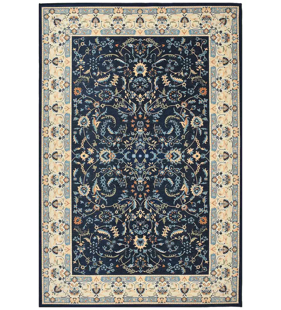 Navy blue traditional rug with intricate motifs.