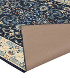 Navy blue traditional floral rug with beige border and reverse side showing texture