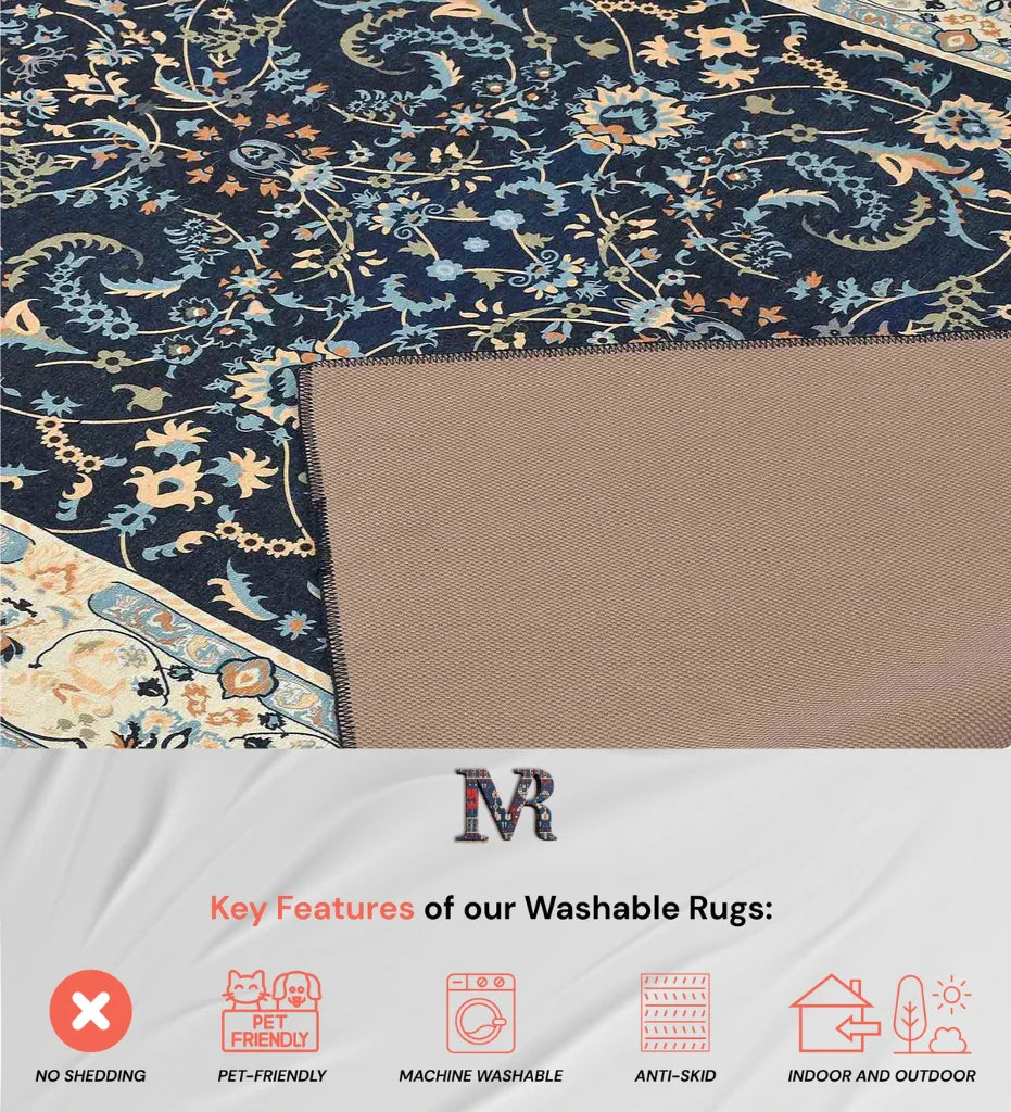 Rich navy blue rug for classic interiors.