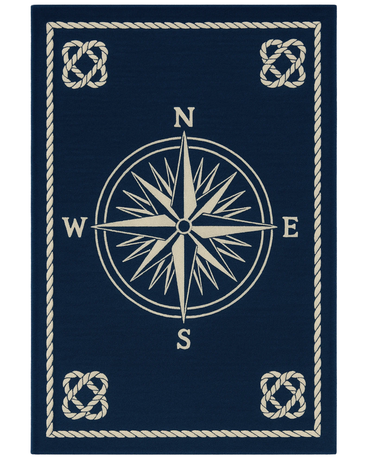 Navy blue and beige nautical rug with compass design.