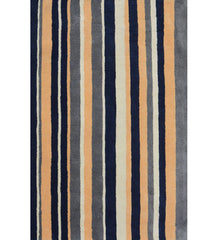 Navy blue, beige, and gray hand-tufted wool rug with vertical stripes.