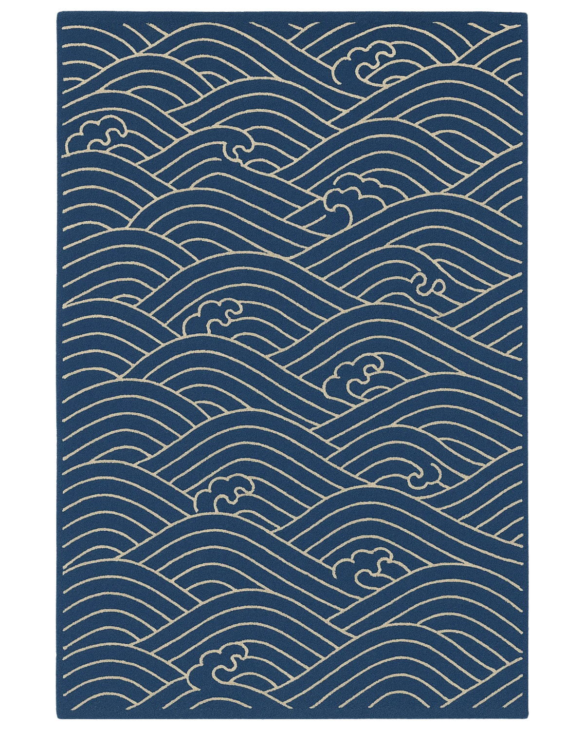 Navy blue and ivory hand-tufted nautical rug with ocean wave pattern.