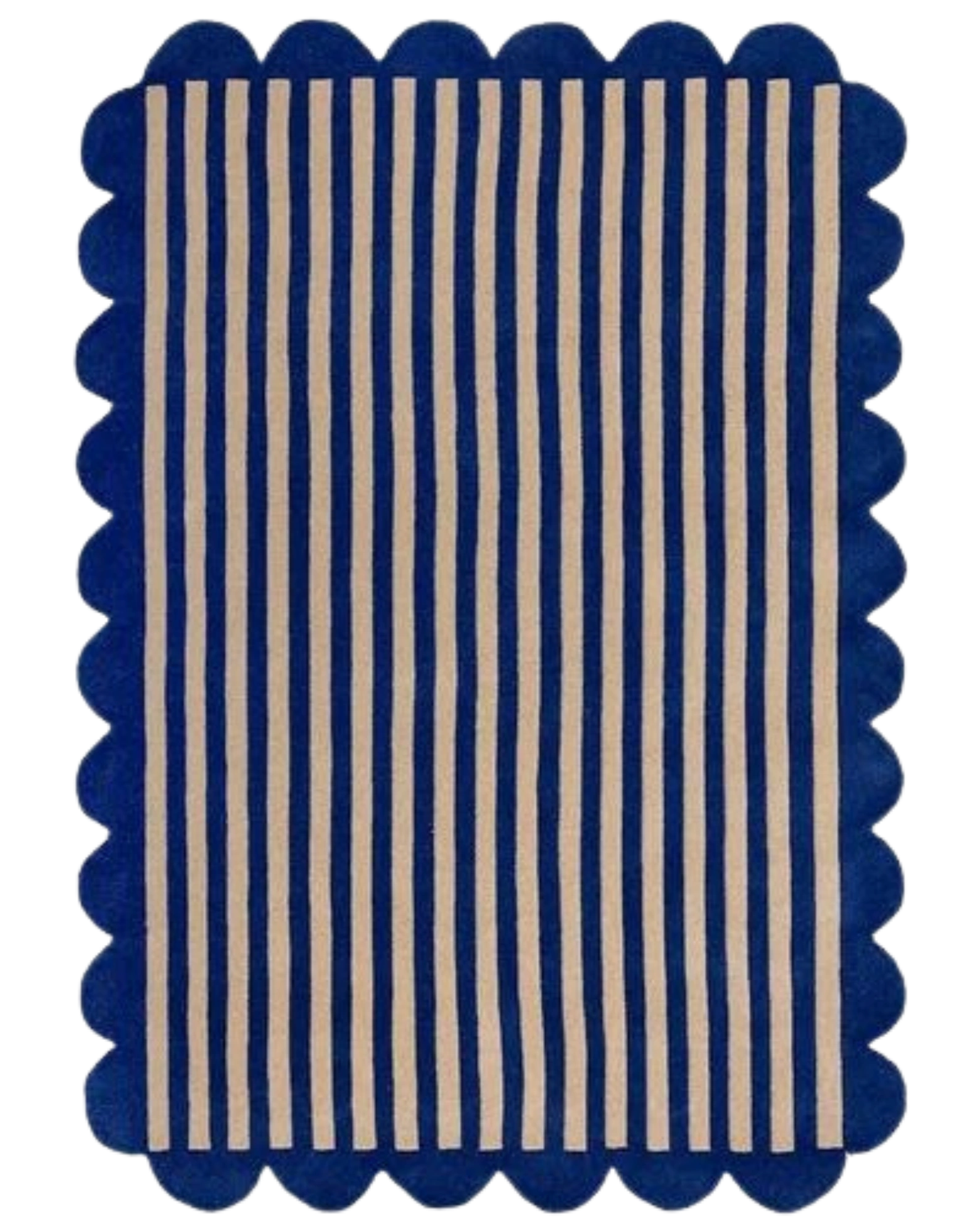 Navy blue and ivory scalloped border hand tufted area rug with plush pile and decorative edging