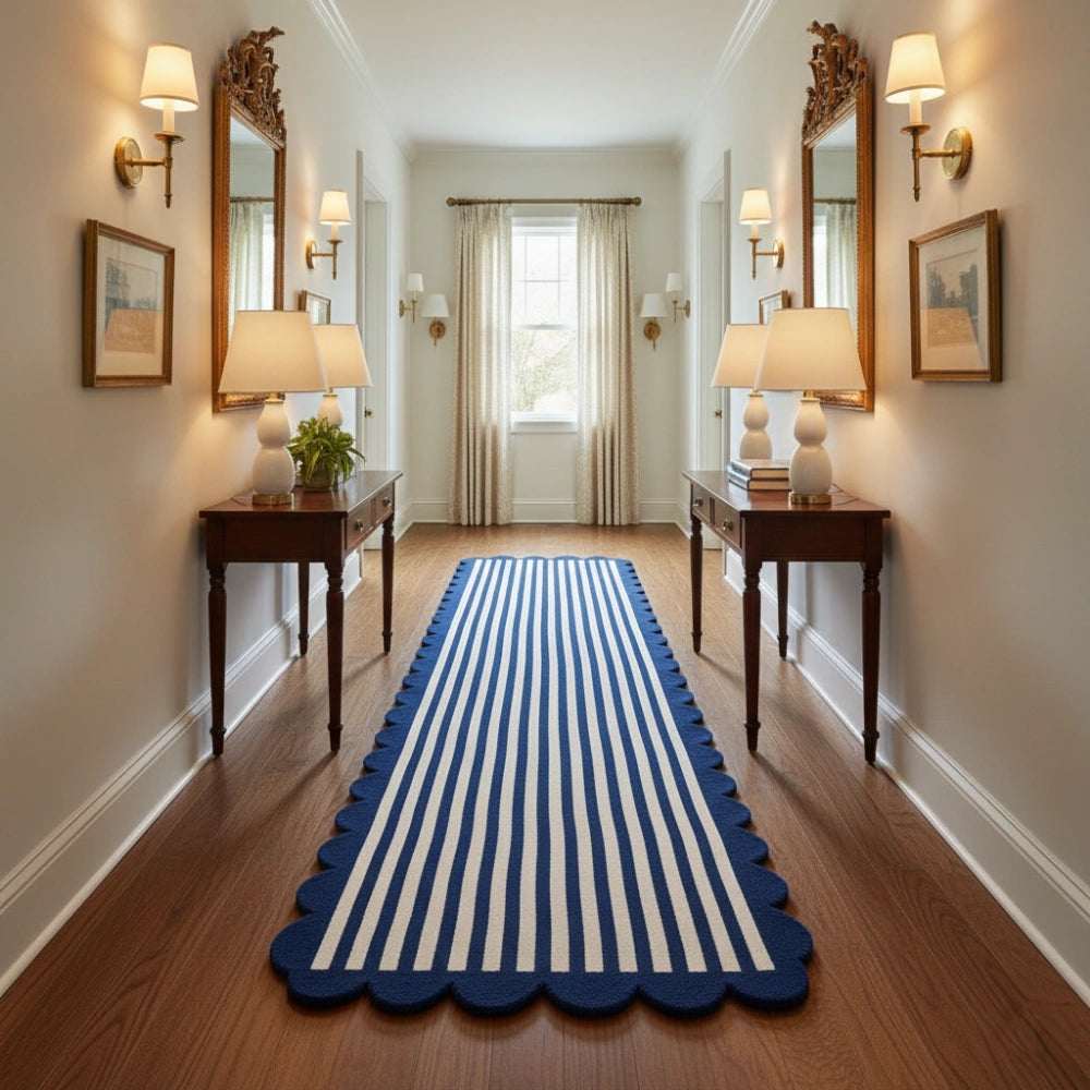 Navy blue and ivory scalloped border hand tufted runner rug styled in a hallway for refined home interiors