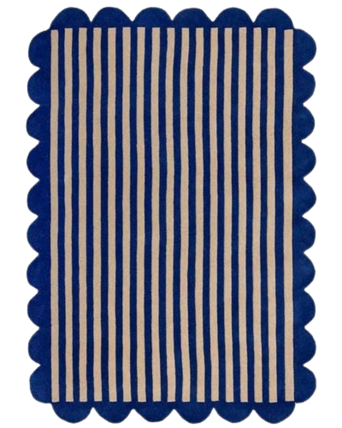 Navy blue and ivory scalloped border hand tufted area rug with plush pile and decorative edging