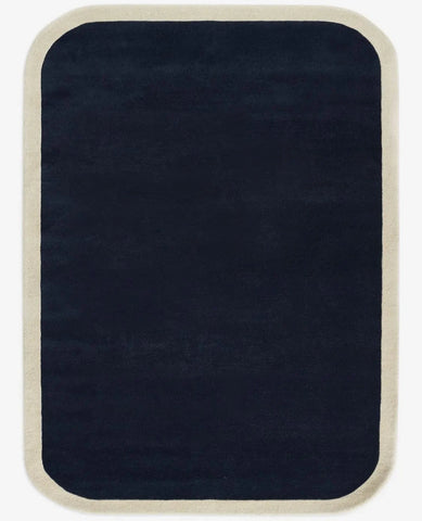Hand-tufted navy blue wool area rug with cream border modern rectangular carpet for living room or bedroom